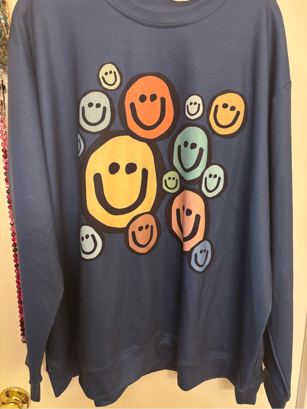 Gray Crewneck Sweatshirt with Multicolor Smile Graphic